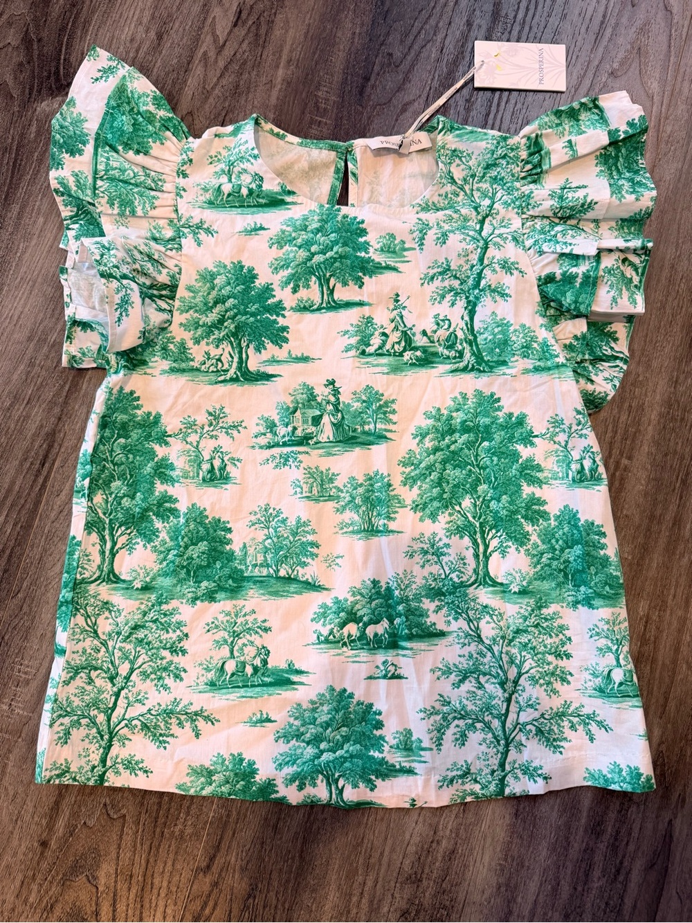 Prosperina Toile Ruffle Sleeve Green Scenic Top NWT Size Small 100% Cotton